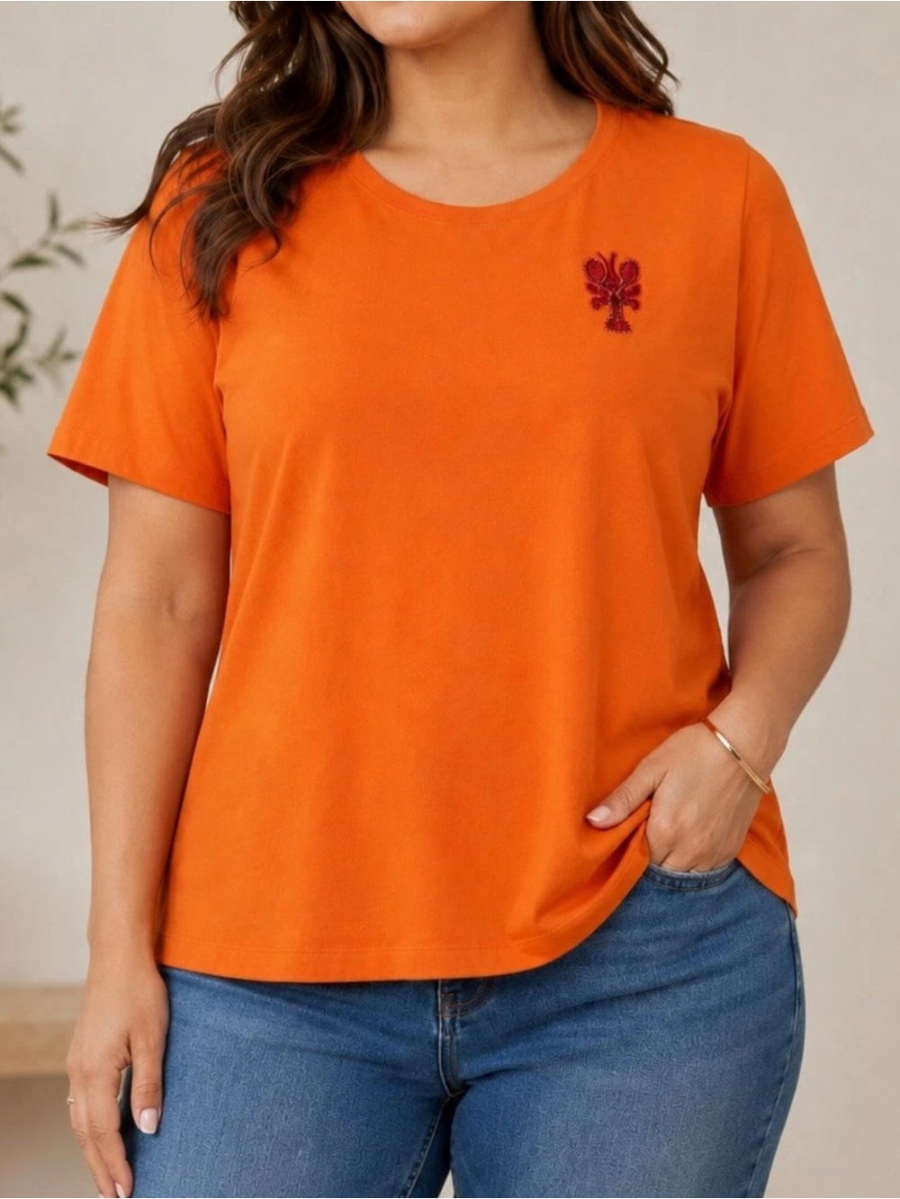 Denim & Co. 100% Cotton Short Sleeve Tee with Embroidery M NEW A726082
